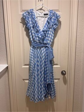 Tahari Blue Gingham Ruffled Wrap Dress